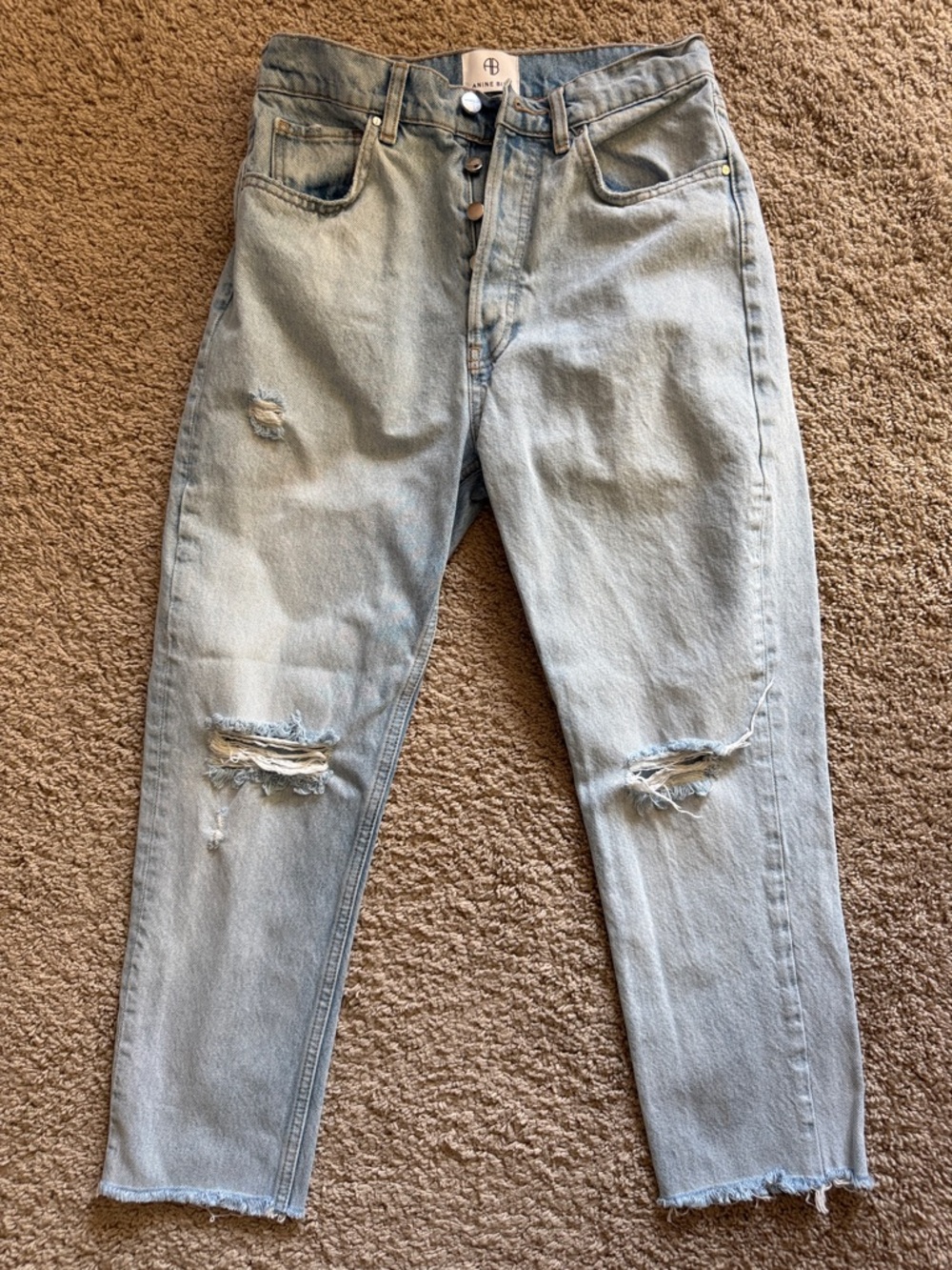 Anine Bing Light Wash Distressed Cropped Jeans